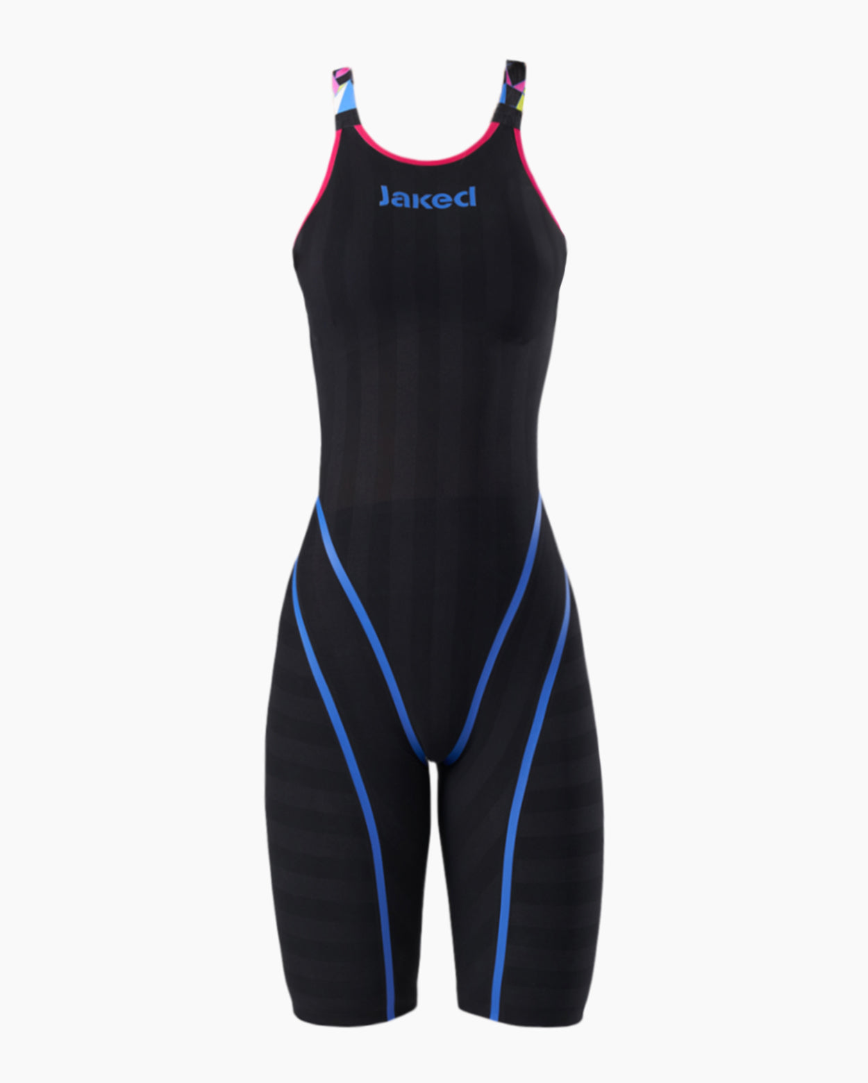 Ropa de baño de competencia Jaked JKomp Open Back en negro con detalles multicolores y diseño de compresión 3D.