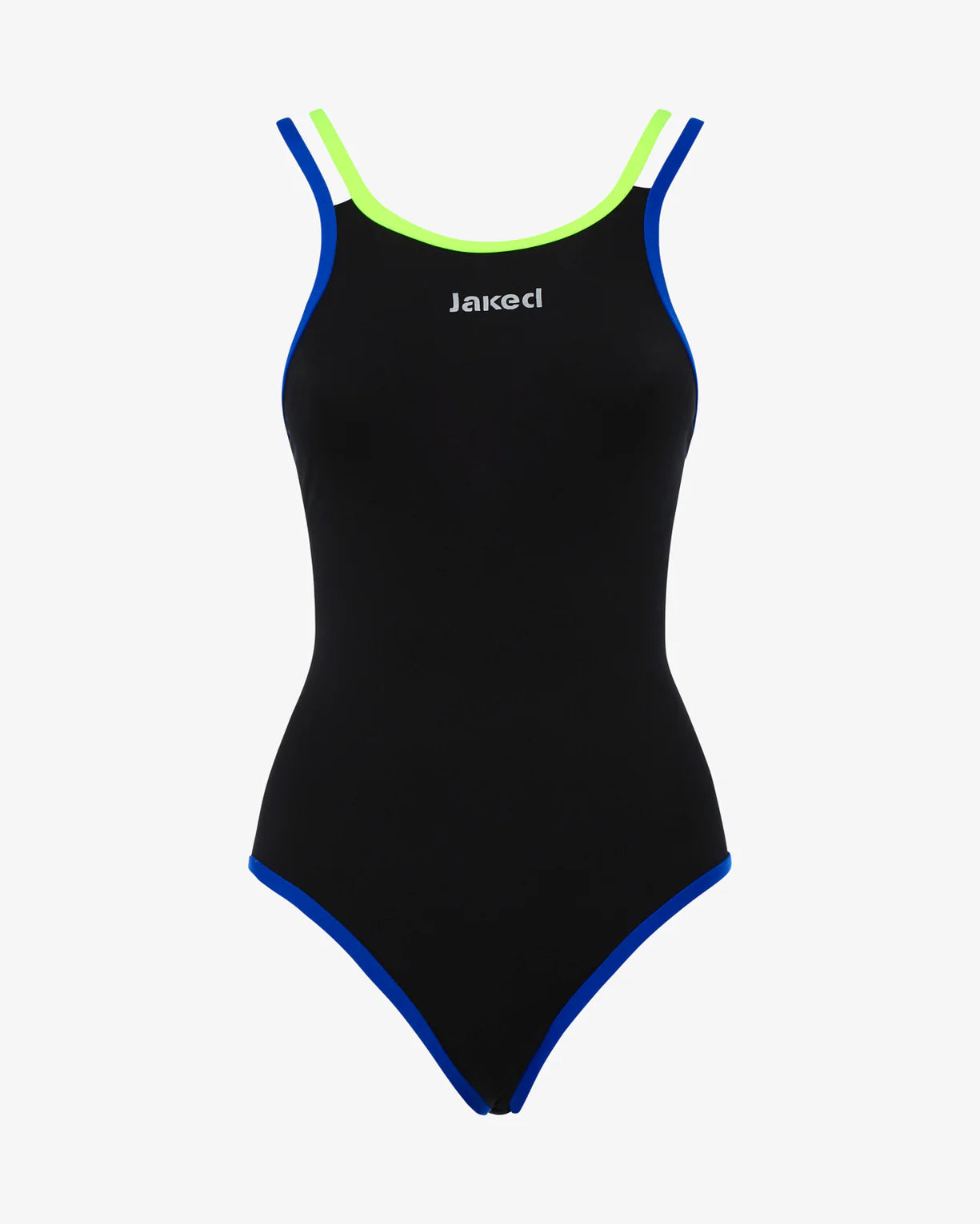 Ropa de baño de entrenamiento Jaked Venezia, traje de una pieza negro con detalles en verde y azul.