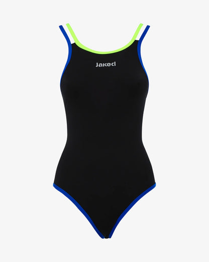 Ropa de baño de entrenamiento Jaked Venezia, traje de una pieza negro con detalles en verde y azul.